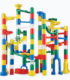 Tall marble run tower in red, yellow, blue and green
